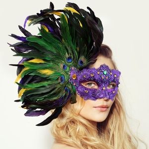 Purple Green Feather Venetian Face Mask Cat Eye Crystal Masquerade Mardi Gras